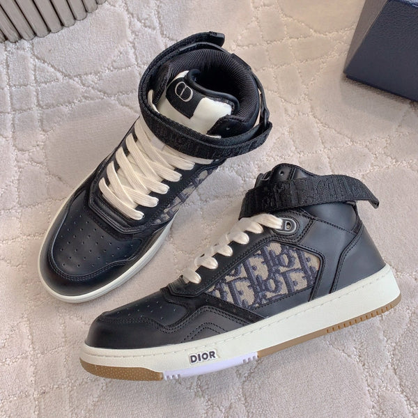 CD B27 High-Top Sneaker Black Charcoal Blue Print Calfskin And Oblique Jacquard Fabric