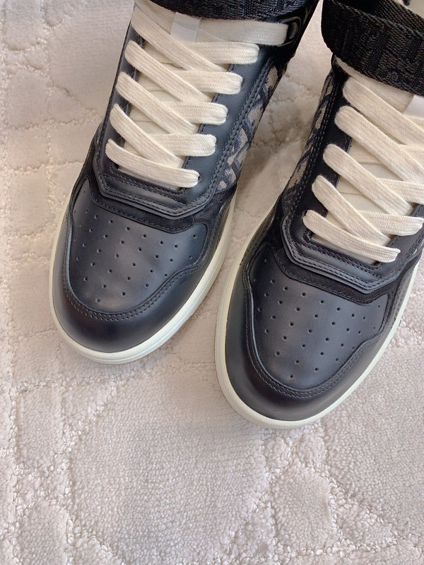 CD B27 High-Top Sneaker Black Charcoal Blue Print Calfskin And Oblique Jacquard Fabric