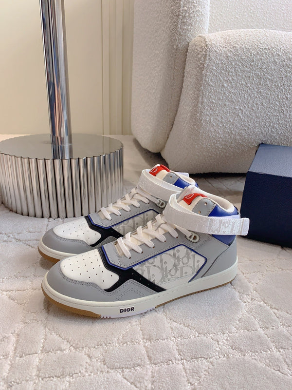CD B27 High-Top Sneaker White Grey And Red Blue Print Calfskin