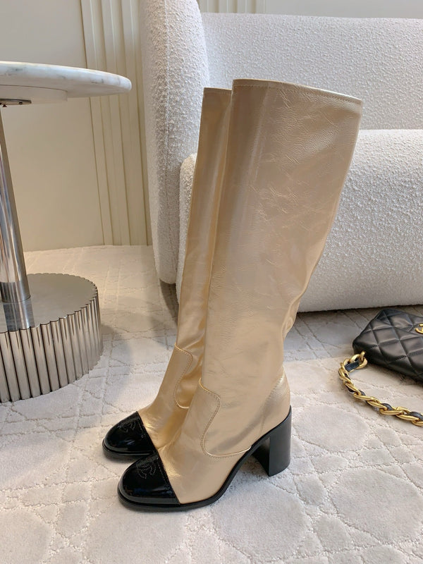 CC 25 Heeled Long Boot Light Gold mix Black Patent Leather 516681