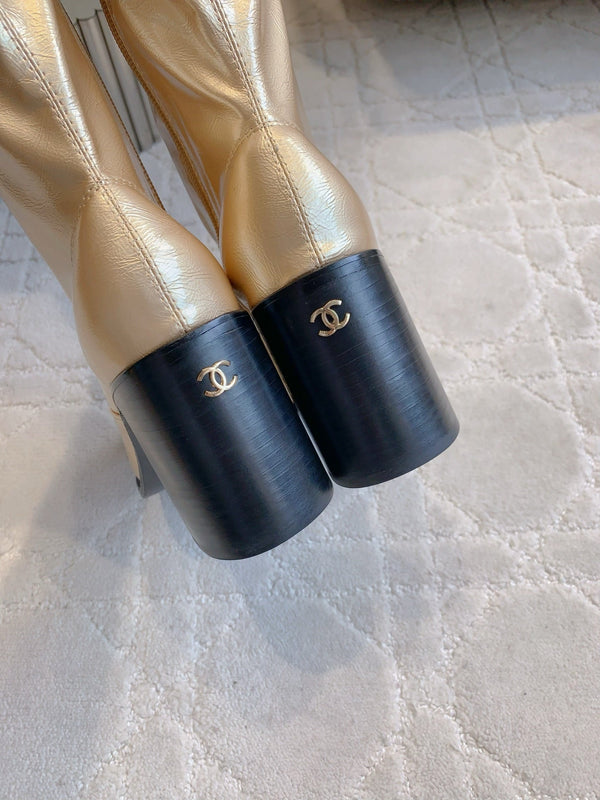 CC 25 Heeled Long Boot Light Gold mix Black Patent Leather 516681