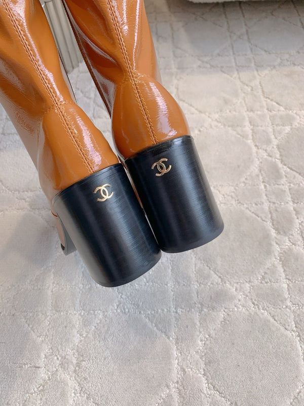 CC 25 Heeled Long Boot Caramel Brown mix Black Patent Leather 516682