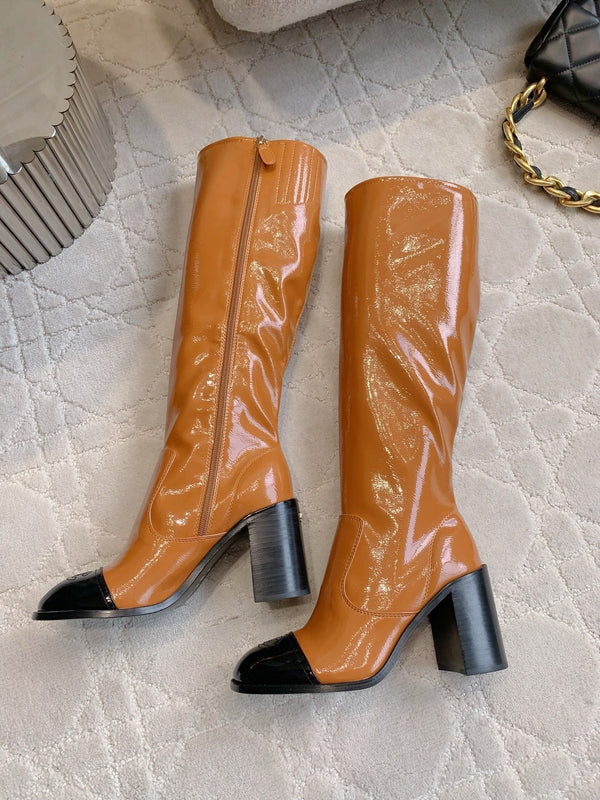CC 25 Heeled Long Boot Caramel Brown mix Black Patent Leather 516682