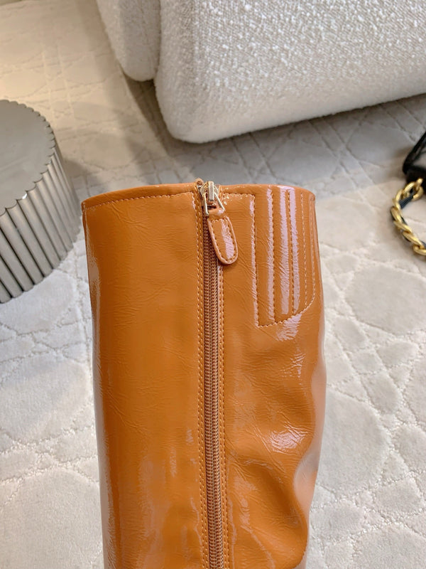 CC 25 Heeled Long Boot Caramel Brown mix Black Patent Leather 516682