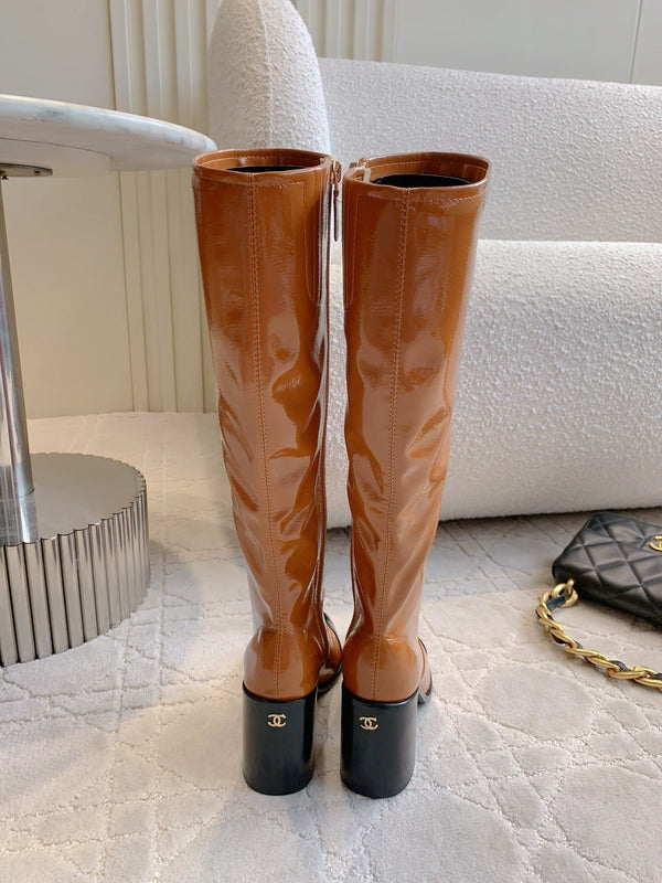 CC 25 Heeled Long Boot Caramel Brown mix Black Patent Leather 516682