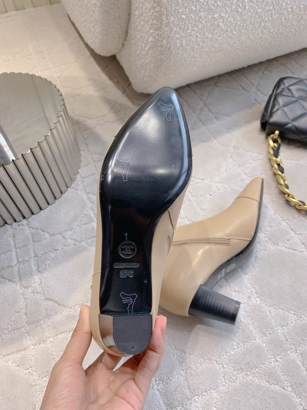 CC 25 Chunky High-heeled Ankle Boots Beige Calfskin 516659