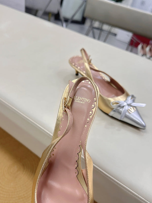 Bepointy Slingback Pumps Bow In Gold Mix Silver Metaliic Cowhide Pale Pink Sheepskin Linning 304248