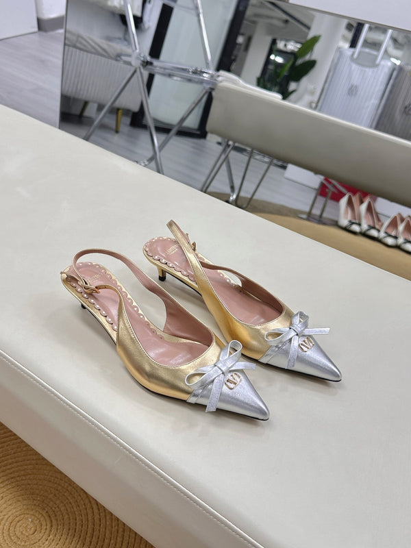 Bepointy Slingback Pumps Bow In Gold Mix Silver Metaliic Cowhide Pale Pink Sheepskin Linning 304248