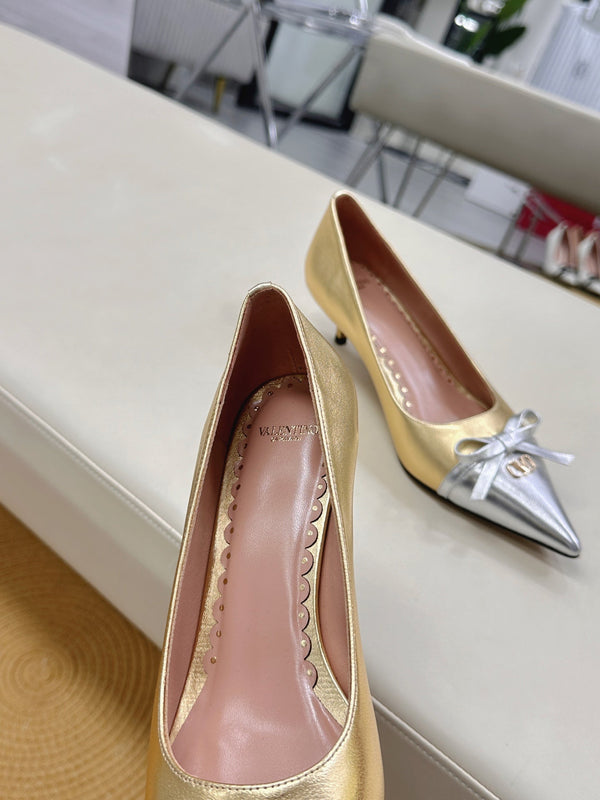 Bepointy Pump Bow In Gold Mix Silver Metaliic Cowhide Pale Pink Sheepskin Linning 304250