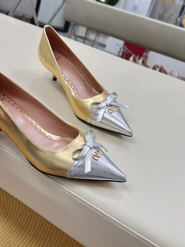 Bepointy Pump Bow In Gold Mix Silver Metaliic Cowhide Pale Pink Sheepskin Linning 304250