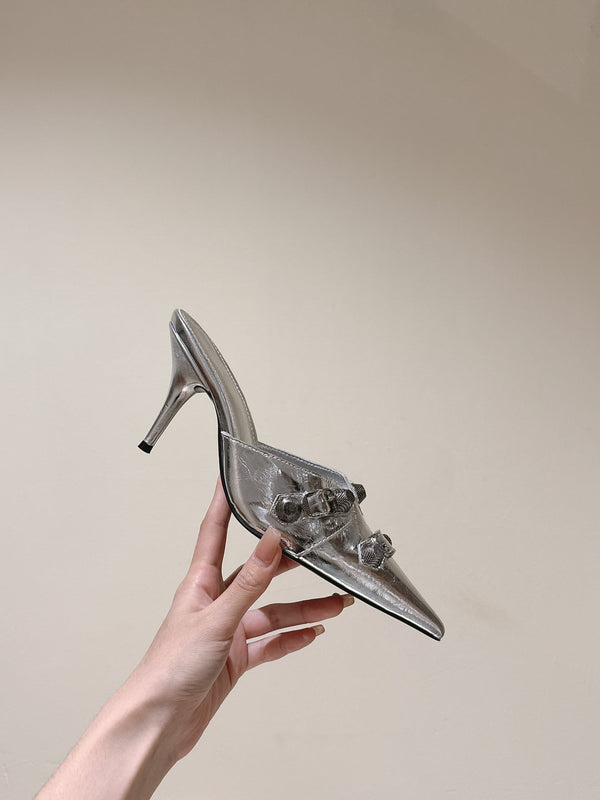 CAGOLE POINTED HIGH MULES IN SILVER SHINY CALFSKIN