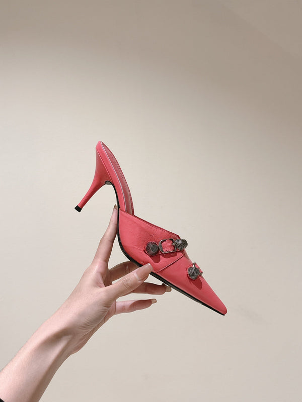 CAGOLE POINTED HIGH MULES IN ROMAN PINK SHINY CALFSKIN