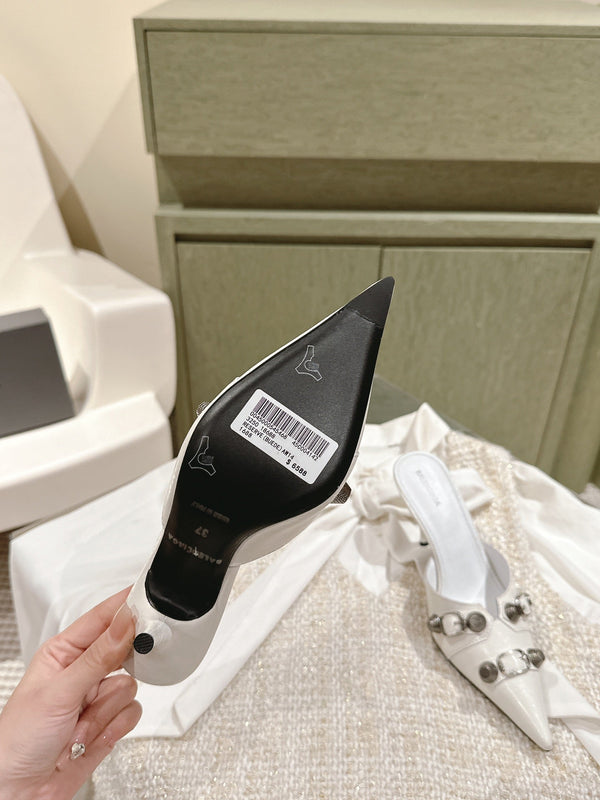 CAGOLE POINTED HIGH MULES IN WHITE SHINY CALFSKIN