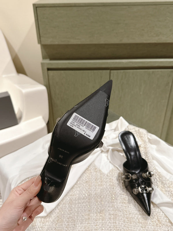 CAGOLE POINTED HIGH MULES IN BLACK SHINY CALFSKIN