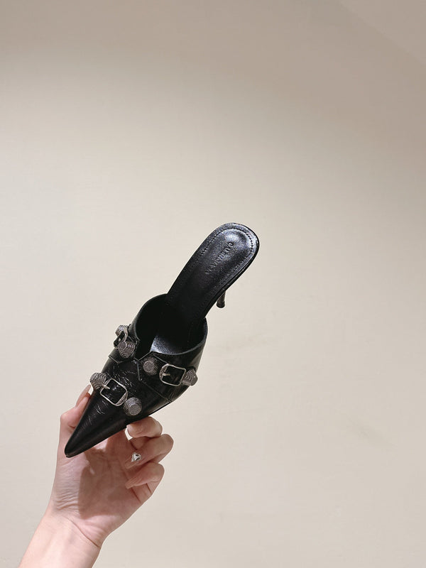 CAGOLE POINTED HIGH MULES IN BLACK SHINY CALFSKIN