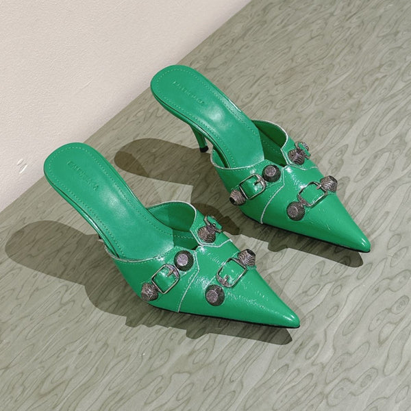 CAGOLE POINTED HIGH MULES IN GREEN SHINY CALFSKIN