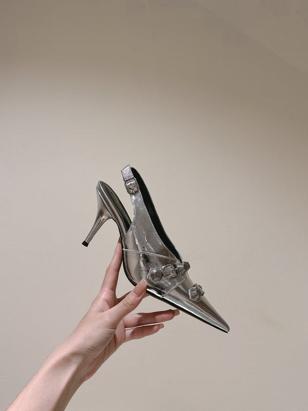 CAGOLE HIGH SLINGBACK IN SILVER GLOSSY CALFSKIN
