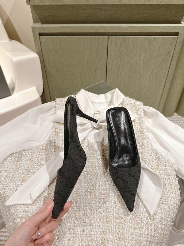 POINTED HIGH MULES IN BLACK MONOGRAM JACQUARD FABRIC