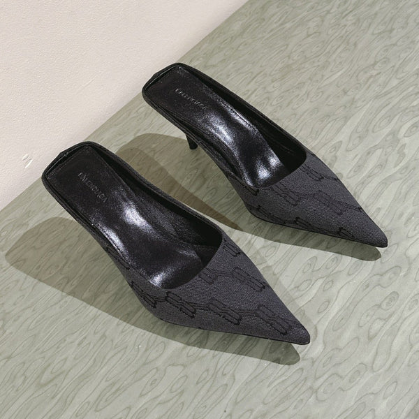 POINTED HIGH MULES IN BLACK MONOGRAM JACQUARD FABRIC