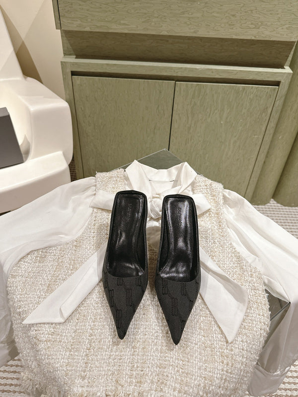 POINTED HIGH MULES IN BLACK MONOGRAM JACQUARD FABRIC