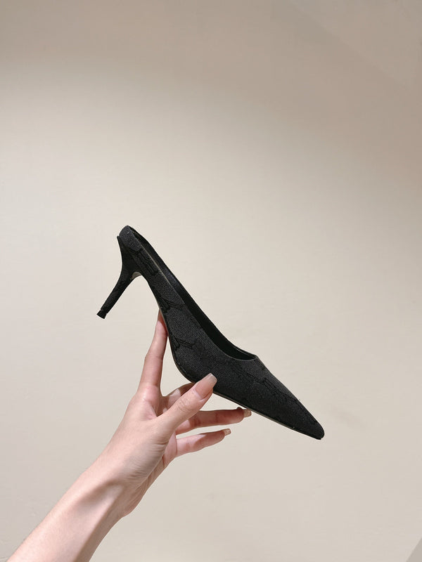 POINTED HIGH MULES IN BLACK MONOGRAM JACQUARD FABRIC