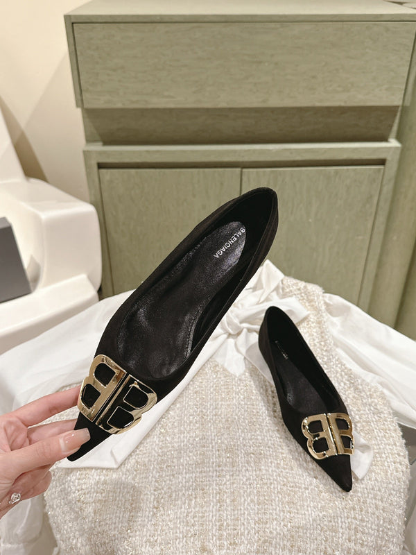 POINTED BB GOLD BUCKLE BALLET FLAT IN BLACK SUEDE