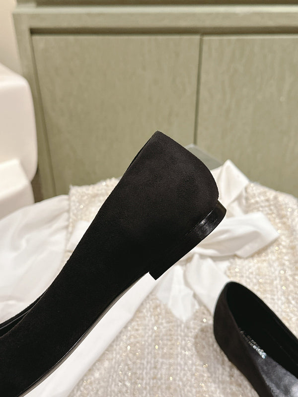 POINTED BB GOLD BUCKLE BALLET FLAT IN BLACK SUEDE