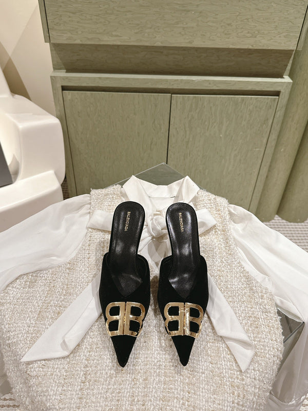 POINTED BB GOLD BUCKLE HIGH MULES IN BLACK VELVET