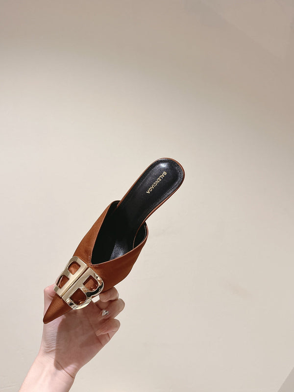 POINTED BB GOLD BUCKLE HIGH MULES IN BROWN RUST SILK