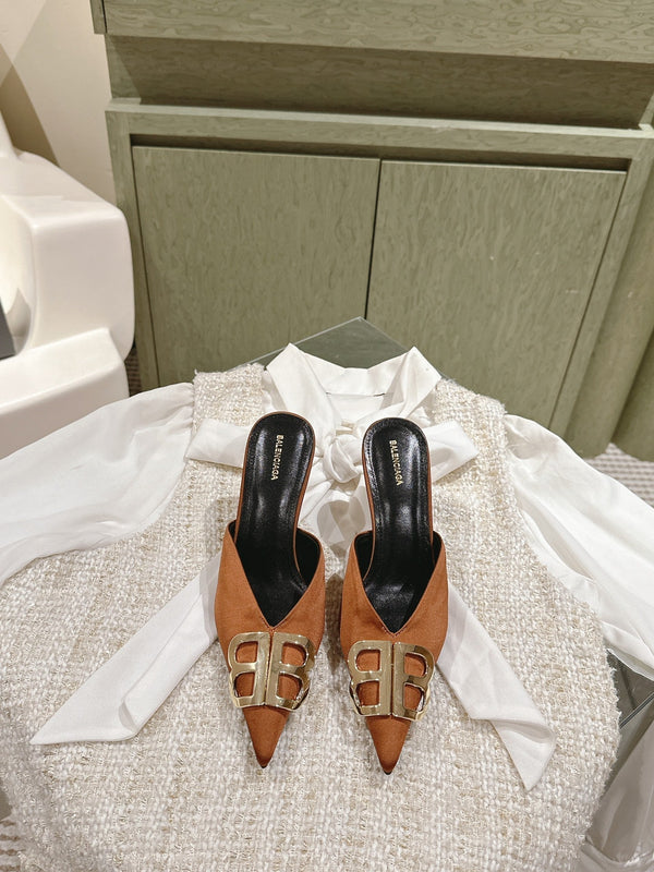 POINTED BB GOLD BUCKLE HIGH MULES IN BROWN RUST SILK