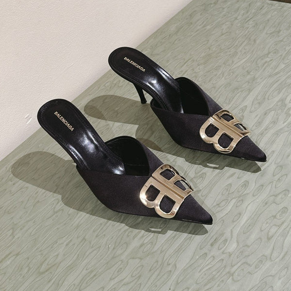POINTED BB GOLD BUCKLE HIGH MULES IN BLACK SILK