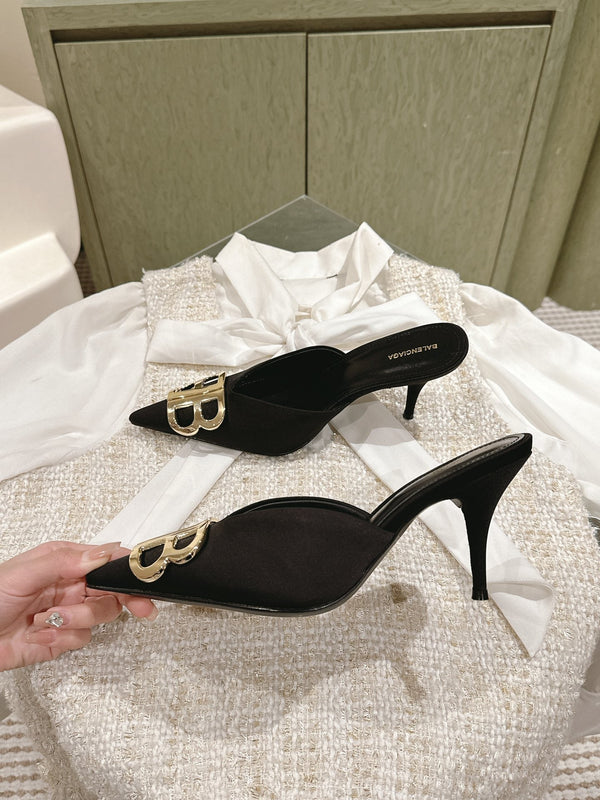 POINTED BB GOLD BUCKLE HIGH MULES IN BLACK SILK