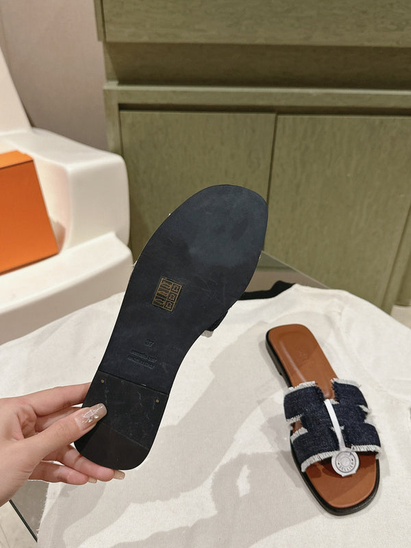 0ran sandal black denim brown calfskin