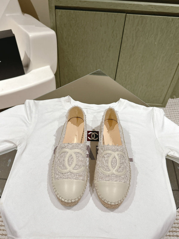 espadrillas in tweed grigio e pelle di vitello bianca