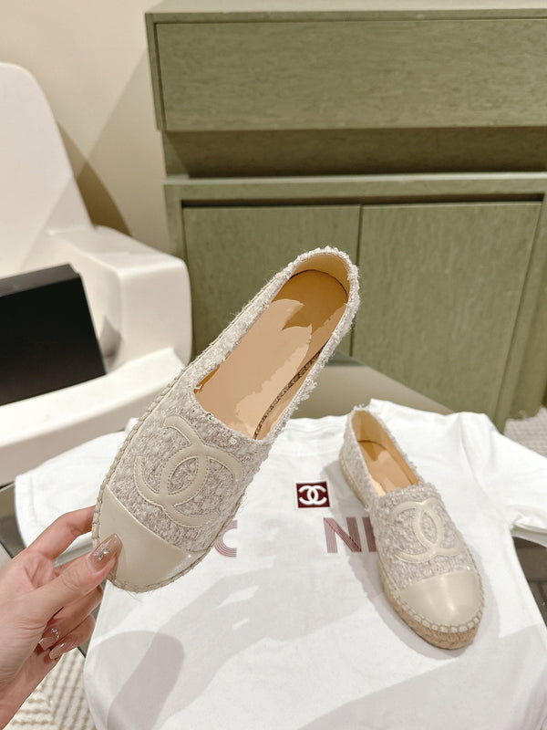 espadrillas in tweed grigio e pelle di vitello bianca