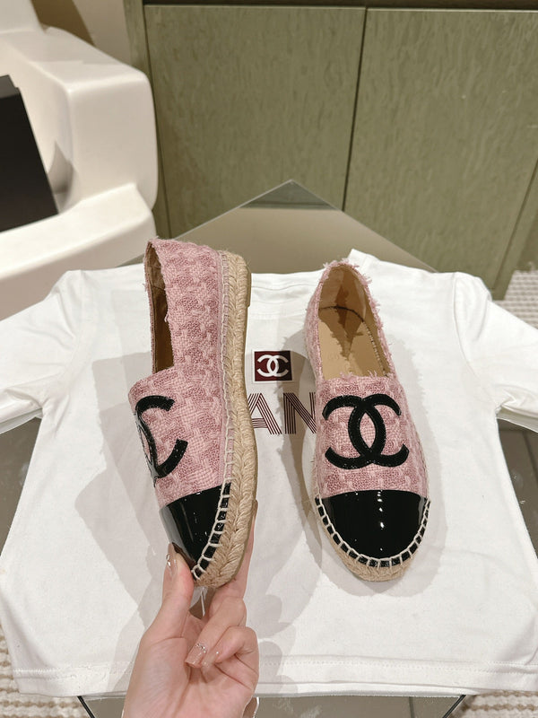 espadrillas in pelle di vitello verniciata nera in tweed rosa