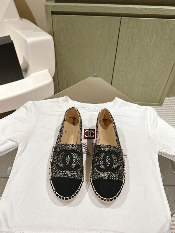 espadrilles black silver tweed black canvas