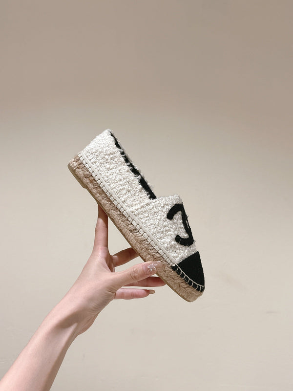 espadrilles white tweed black canvas