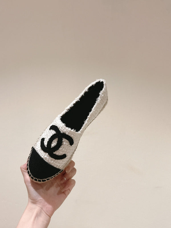 espadrilles white tweed black canvas