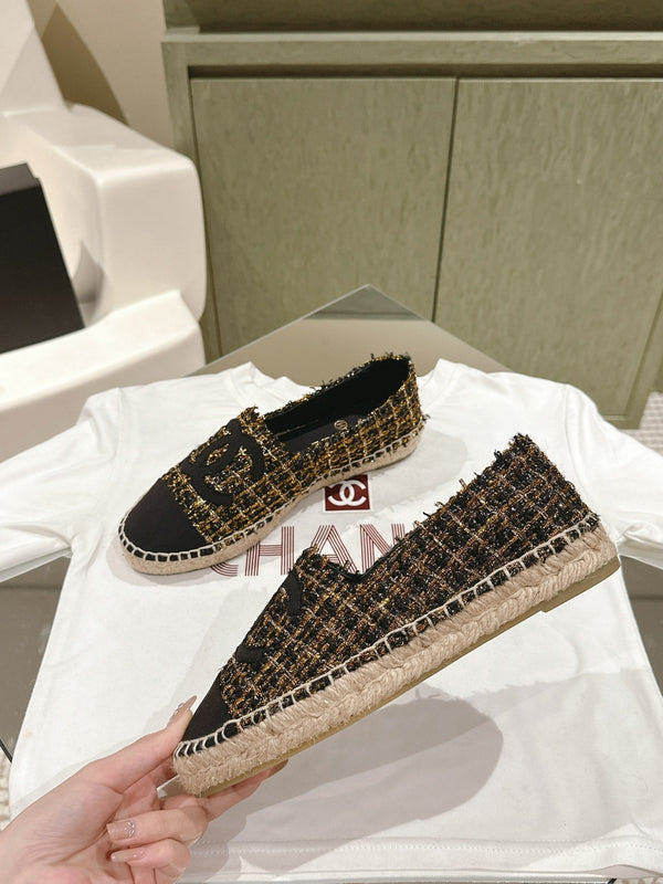 espadrilees black gold tweed canvas