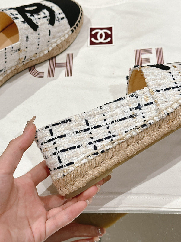 espadrilles white black tweed canvas