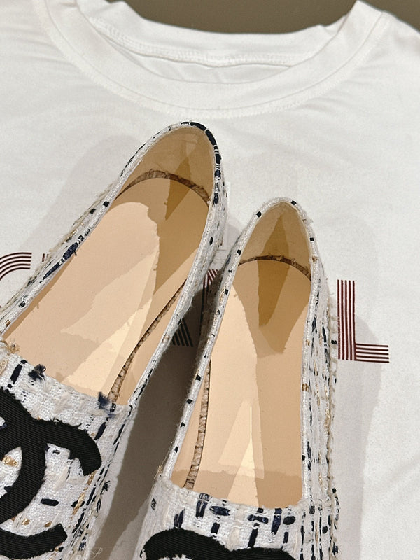 espadrilles white black tweed canvas