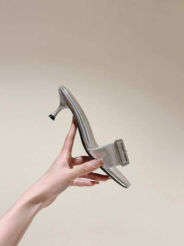 Miu x Balanc Studded Buckle Elegant Mules 45mm Sliver Patent Leather 445868