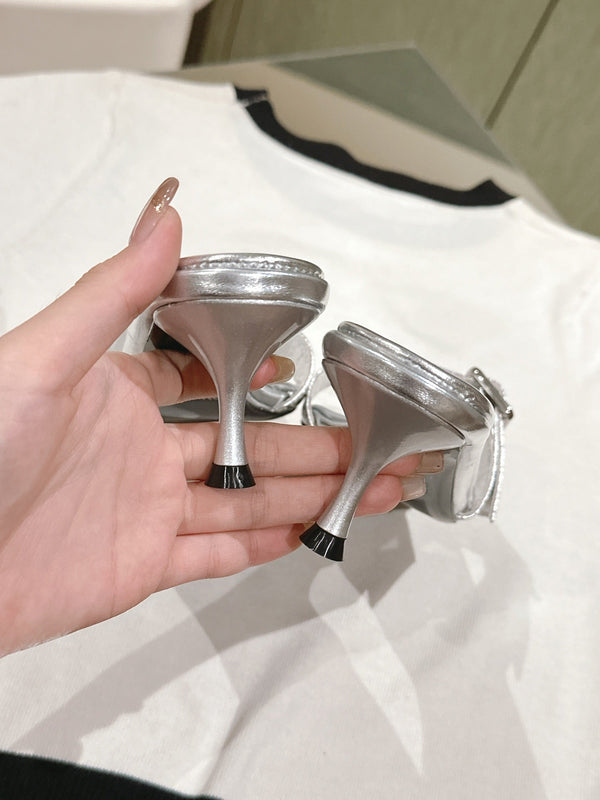 Miu x Balanc Studded Buckle Elegant Mules 45mm Sliver Patent Leather 445868