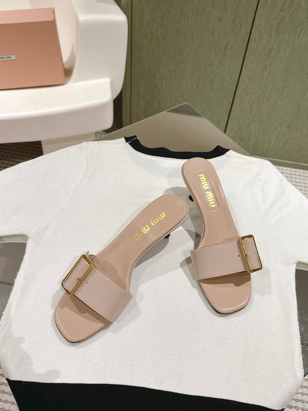 Miu x Balanc Studded Buckle Elegant Mules 45mm Beige Patent Leather 445869