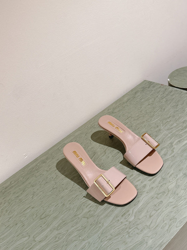 Miu x Balanc Studded Buckle Elegant Mules 45mm Beige Patent Leather 445869