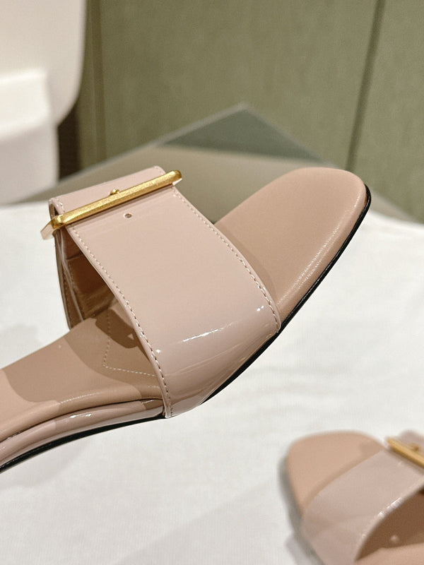 Miu x Balanc Studded Buckle Elegant Mules 45mm Beige Patent Leather 445869