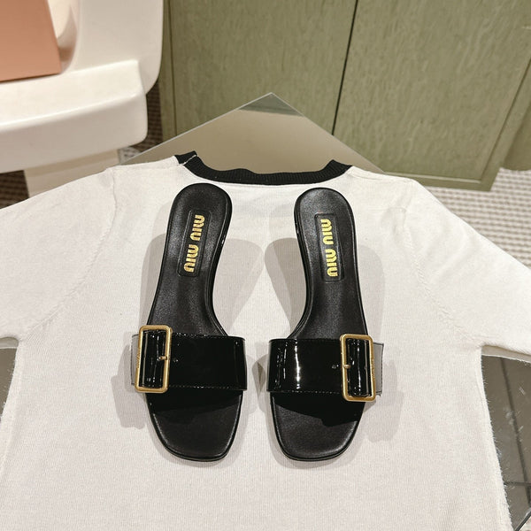 Miu x Balanc Studded Buckle Elegant Mules 45mm Black Patent Leather 445870