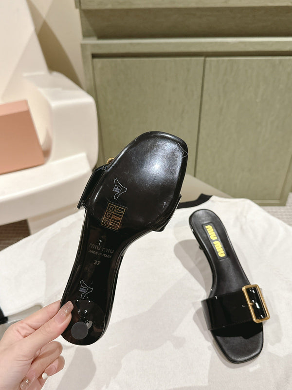 Miu x Balanc Studded Buckle Elegant Mules 45mm Black Patent Leather 445870