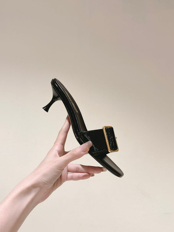 Miu x Balanc Studded Buckle Elegant Mules 45mm Black Patent Leather 445870